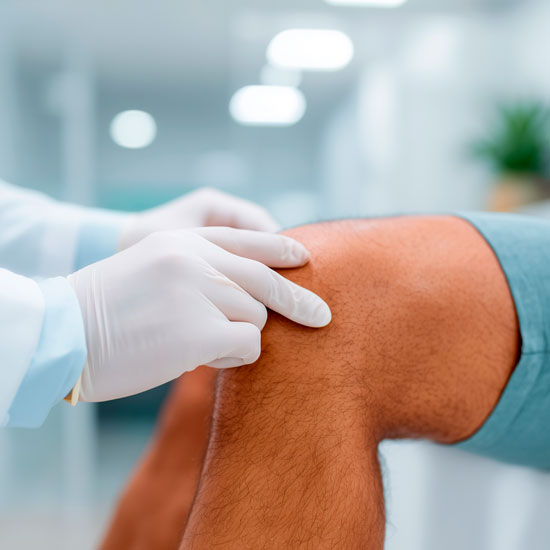 Especialista valorando dolor y movilidad de rodilla en consulta de traumatología